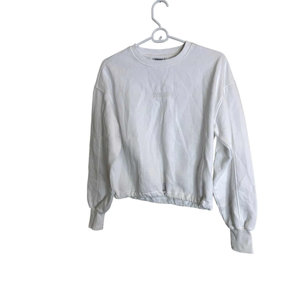 Gymshark‎ Sweatshirt Womens Small White Crewneck Fleece Pullover Elastic Hem